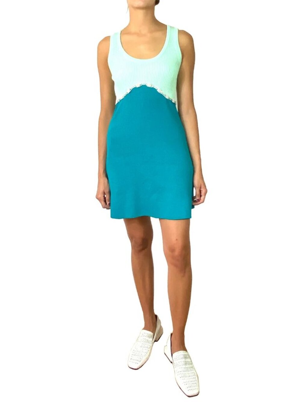 Zara Jewel Appliqué Dress Size Medium Mint Teal Sleeveless Rhinestone Pearl Trim - Picture 3 of 14